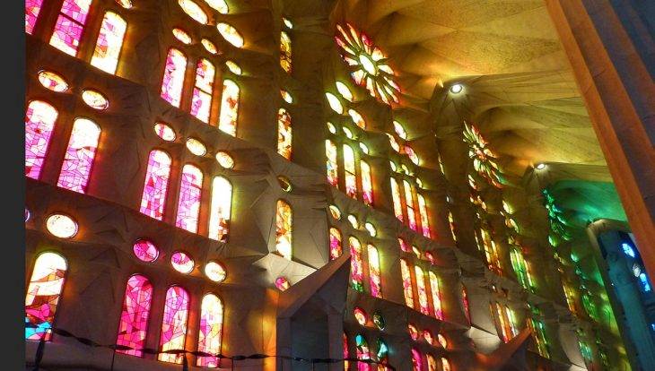 red and orange stained glass Sagrada Familia